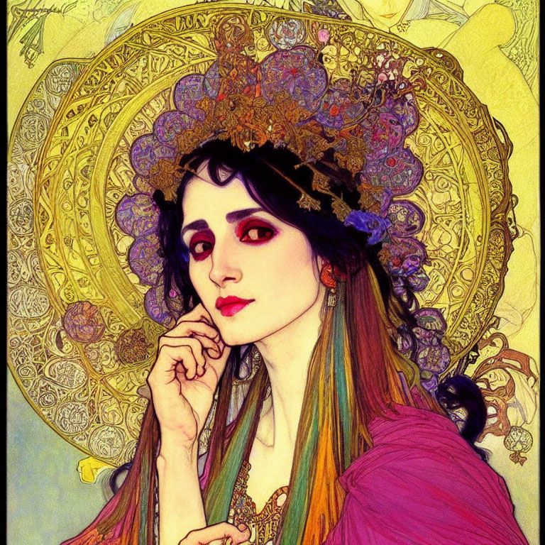 Art Nouveau Woman Illustration with Colorful Attire