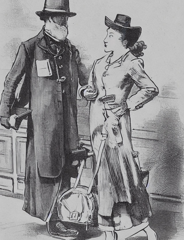 Vintage Illustration: Man in Long Coat Talking to Woman in Dress and Hat indoors