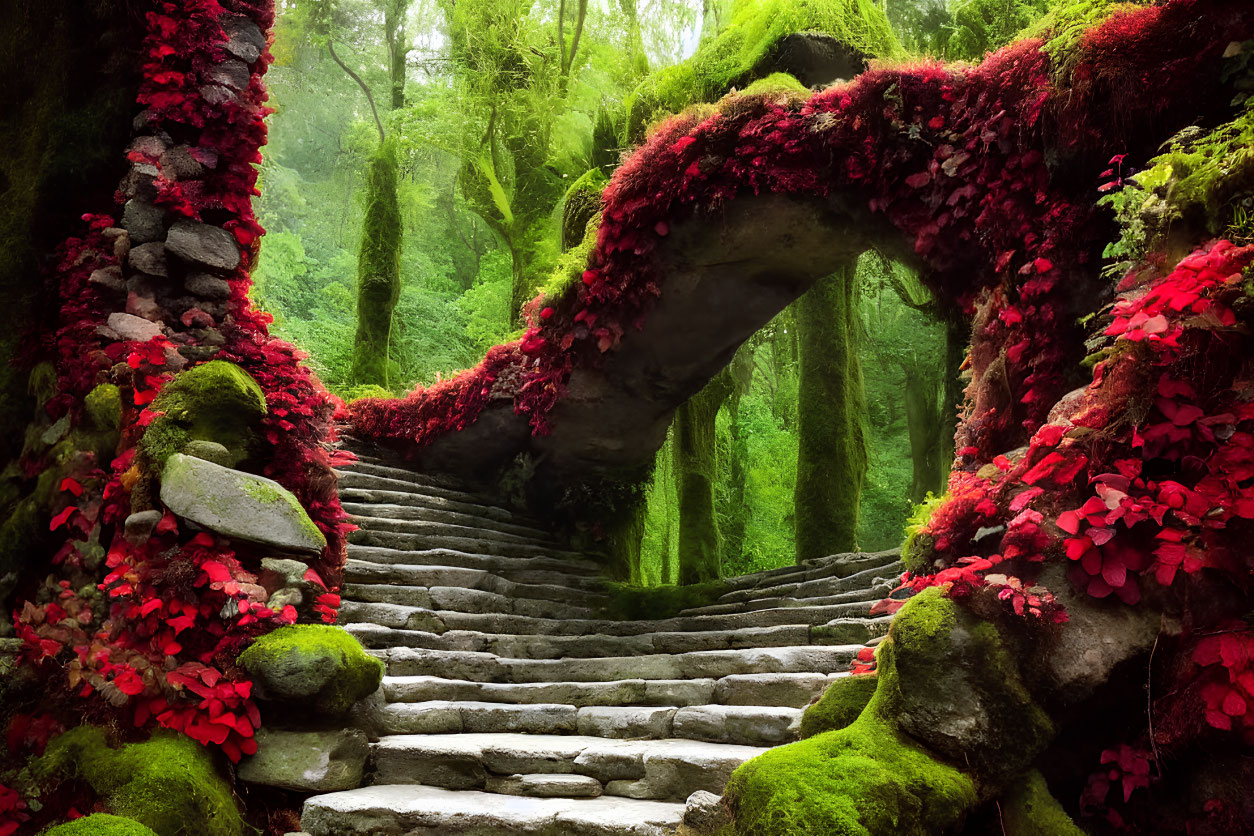 Moss-Covered Stone Arch with Red Foliage in Misty Forest