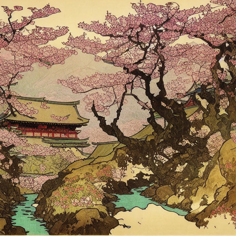 Cherry Blossom Trees Surrounding Japanese Building and Stream