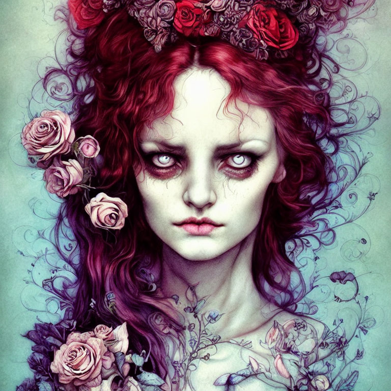 Gothic fantasy illustration of pale woman with red hair and rose crown