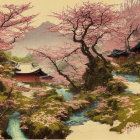 Cherry Blossom Trees Surrounding Japanese Building and Stream