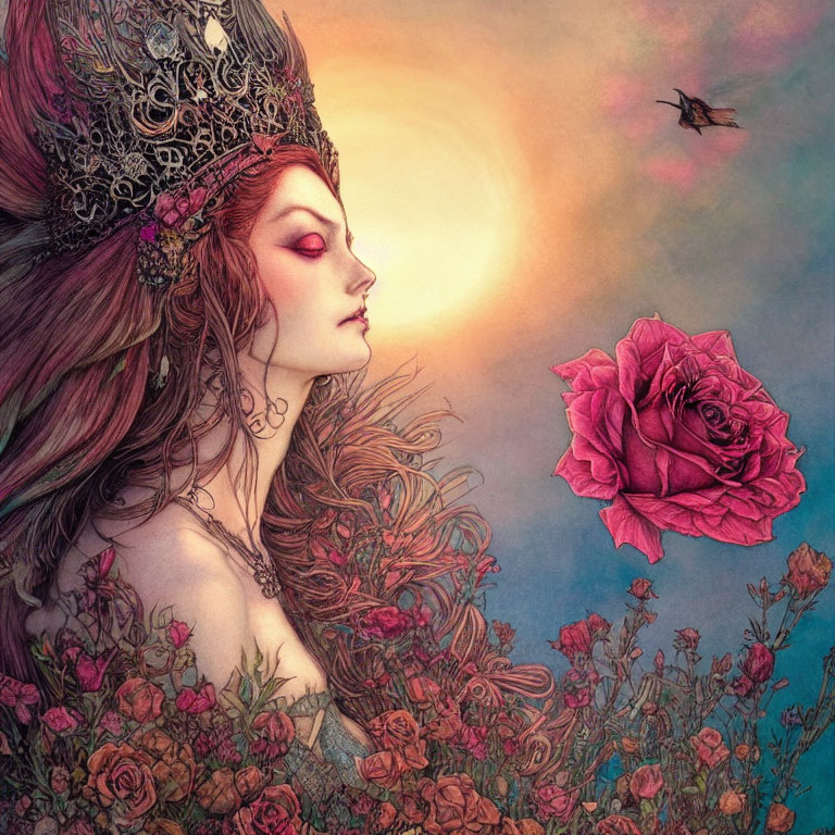 Fantasy queen with crown admiring sunset surrounded by roses and bird