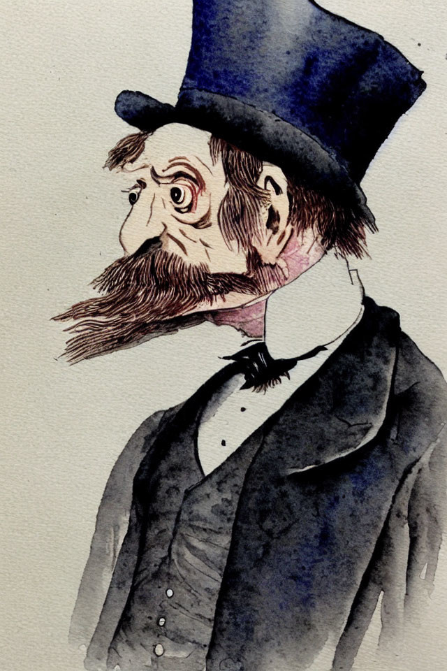 Victorian gentleman with top hat and pointed beard in watercolor portrait