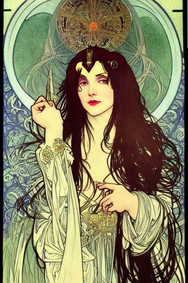 Woman in ornate cloak wields slender blade in mystical Art Nouveau setting