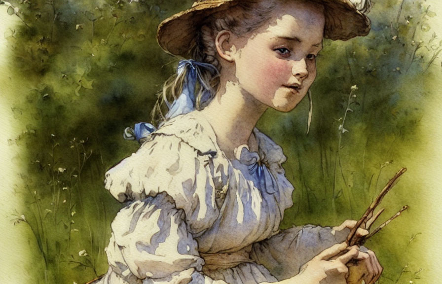 Vintage illustration of young girl in straw hat with twigs in idyllic greenery.