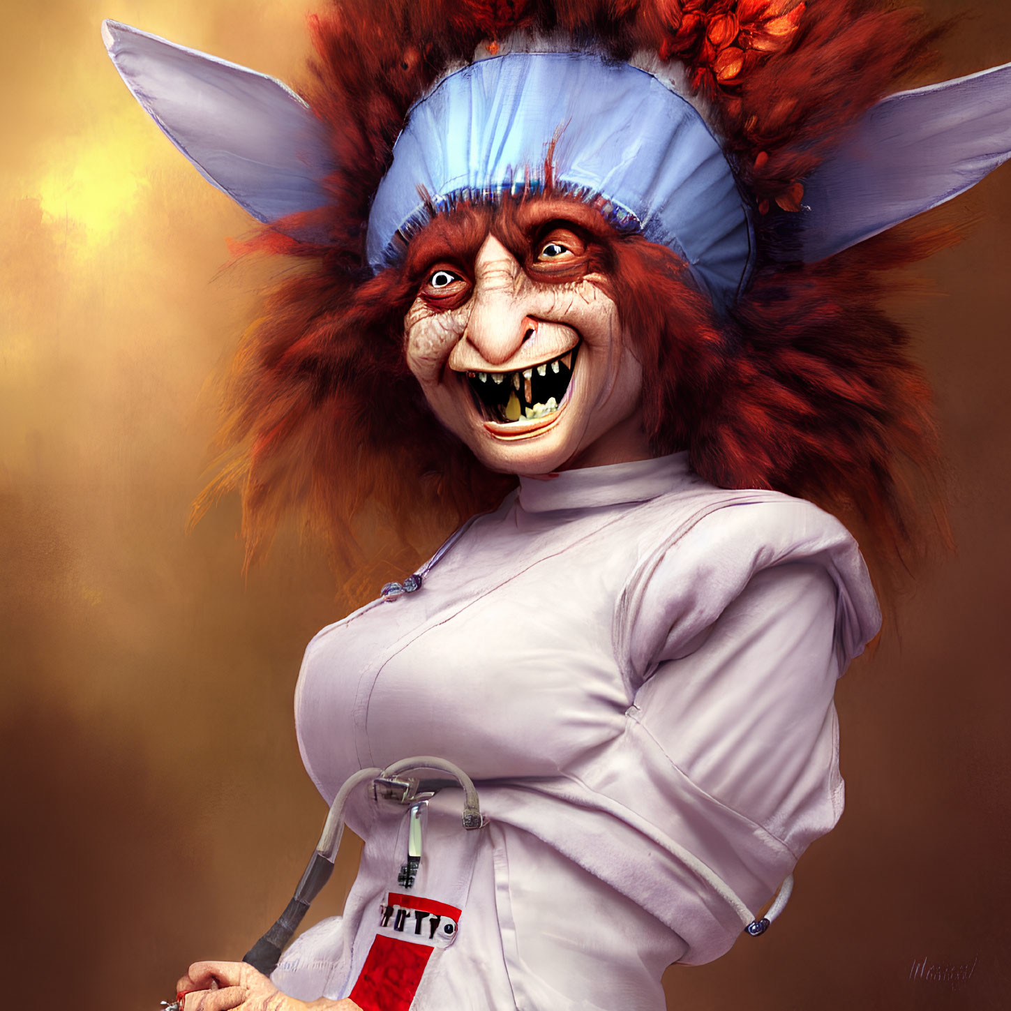 Fantasy creature with large ears, sharp teeth, red eyes in nurse's outfit with syringe