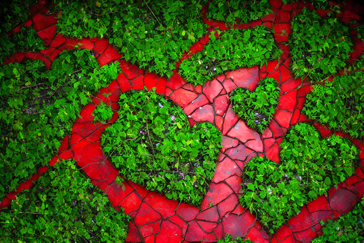 Red Cracked Earth Contrasted with Heart-Shaped Green Foliage
