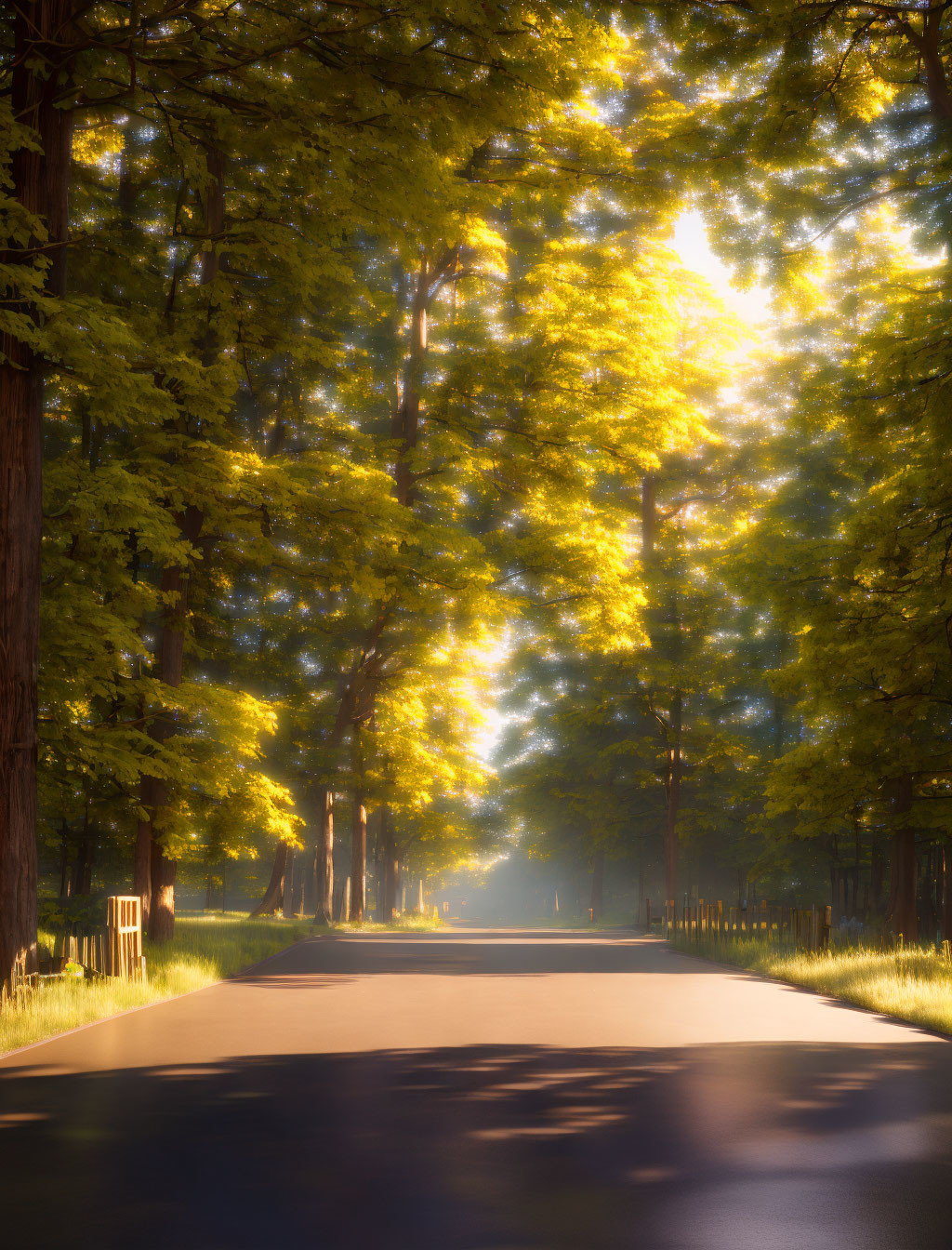 Sunlit forest road with tall trees and long shadows