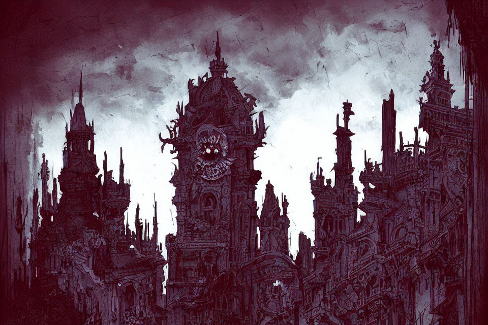 Gothic cityscape with towering spires and ominous atmosphere