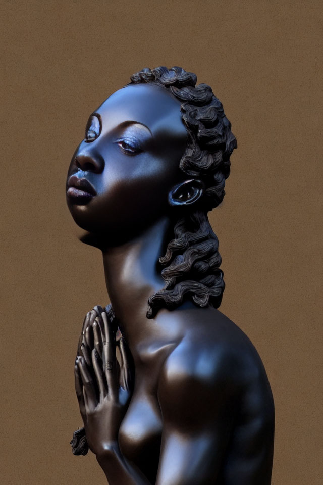 Dark-skinned female statue figure with textured hair on tan background