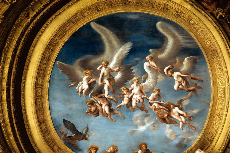 Baroque Style Ceiling Fresco with Cherubs, Angels, and Large Wings