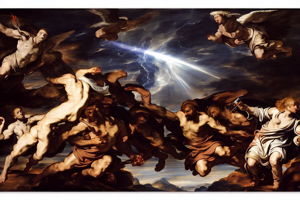 Baroque-style painting with muscular figures, angels, and divine light