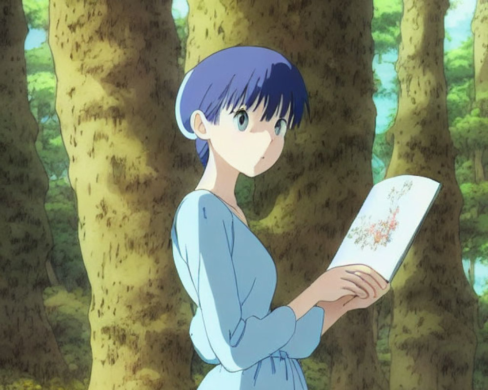 Blue-haired woman in forest reading book in sunlight