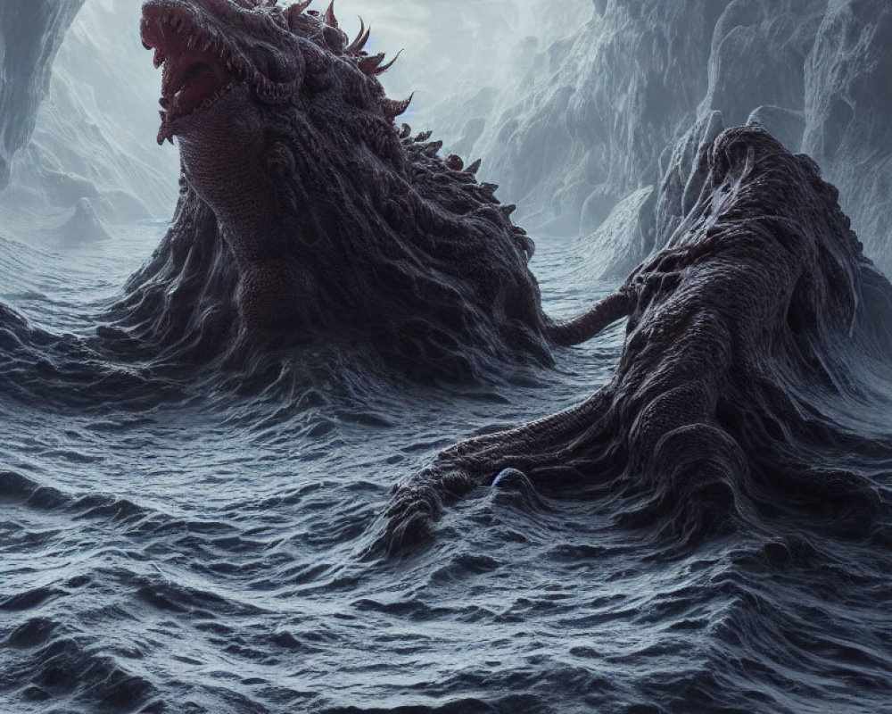 Monstrous dragon-like creature in dark, cavernous waters