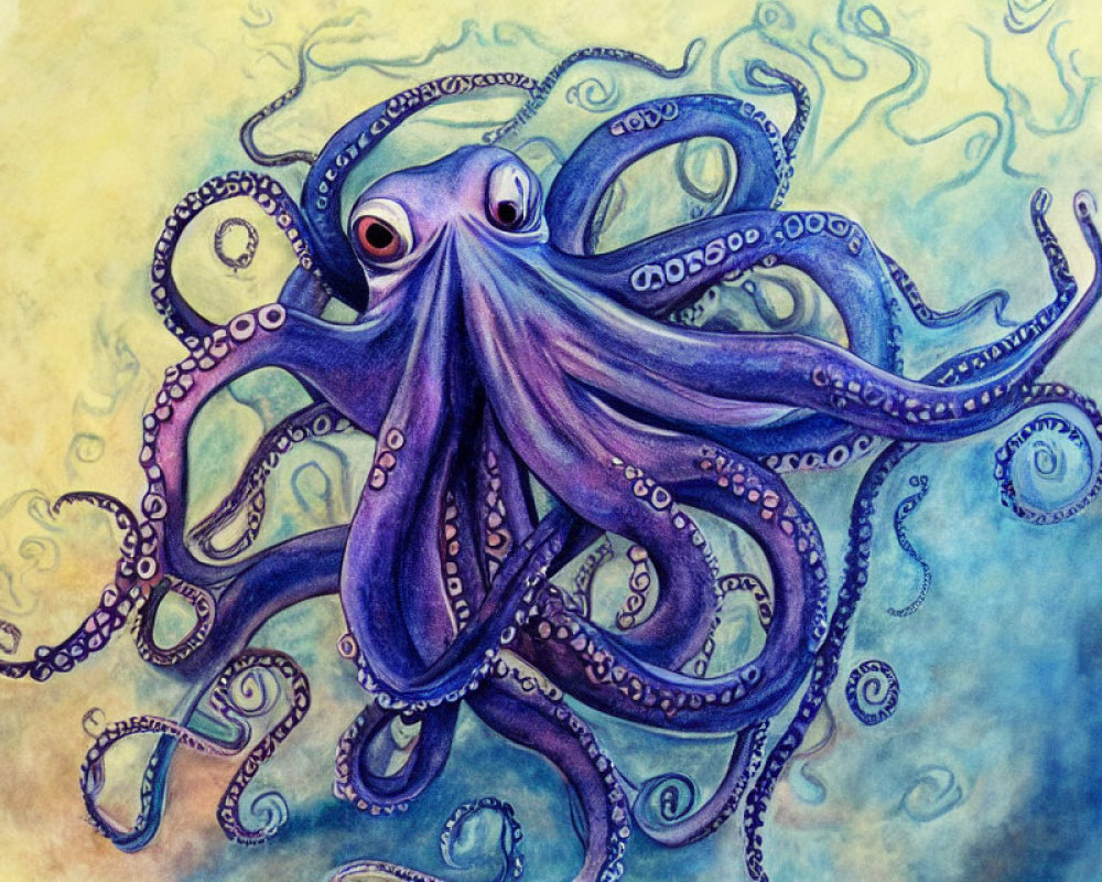 Vibrant octopus illustration on blue and yellow watercolor background