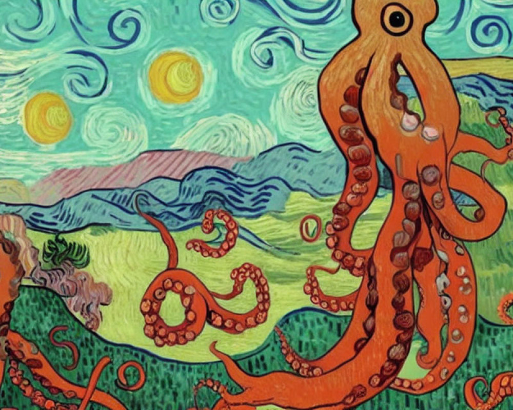 Whimsical reinterpretation of Starry Night with red octopus in foreground