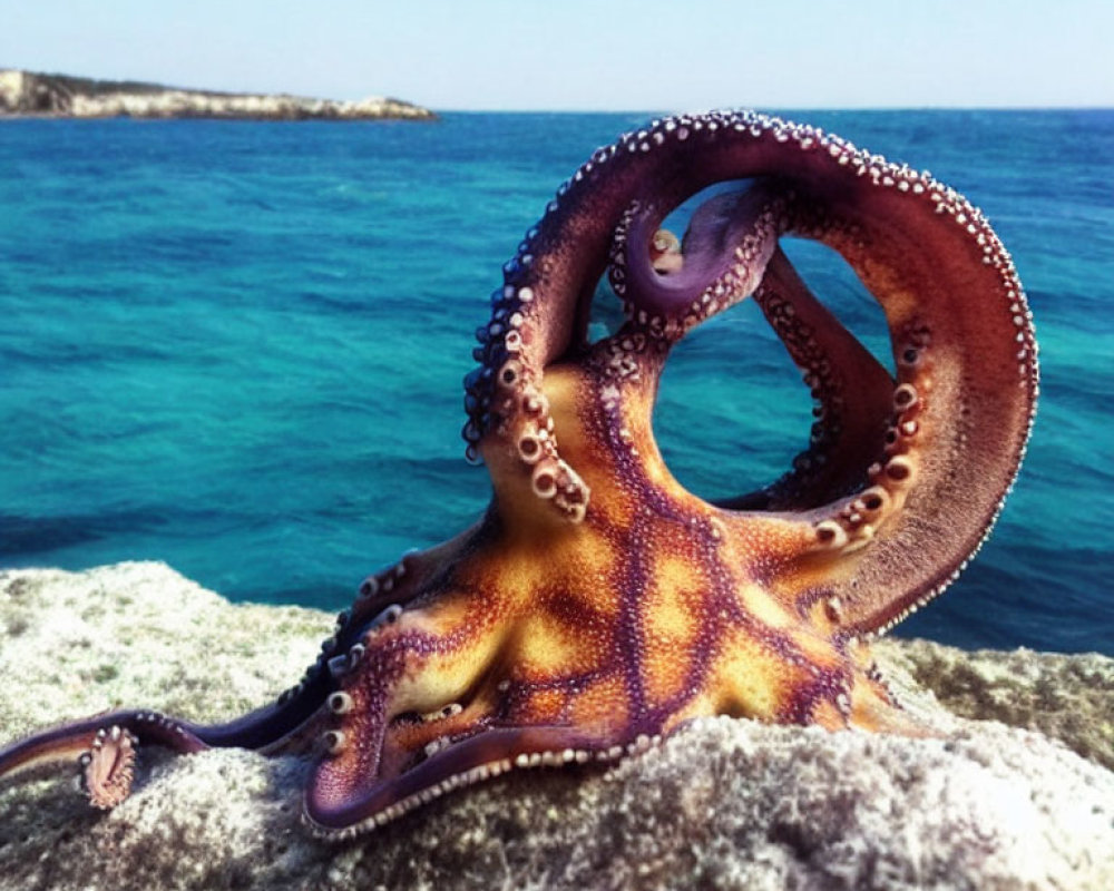 Octopus on rocky shore with blue sea backdrop