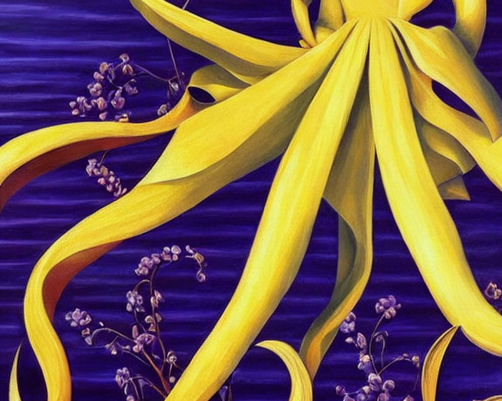 Colorful painting of flowing yellow dress on purple background with flowers