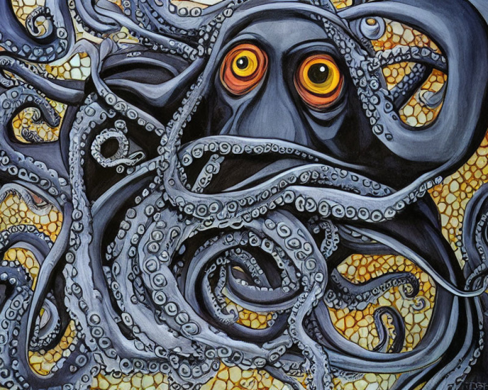 Vibrant orange-eyed octopus on textured tentacles against yellow honeycomb background