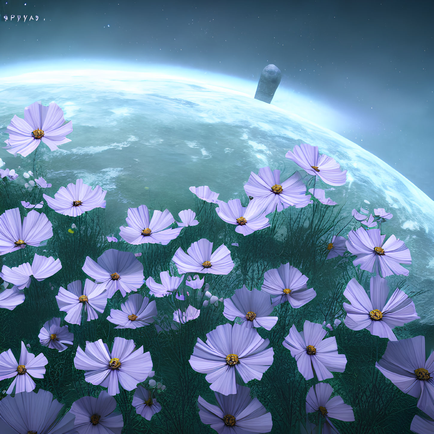 Purple Flowers Field with Planet and Moon in Starry Sky