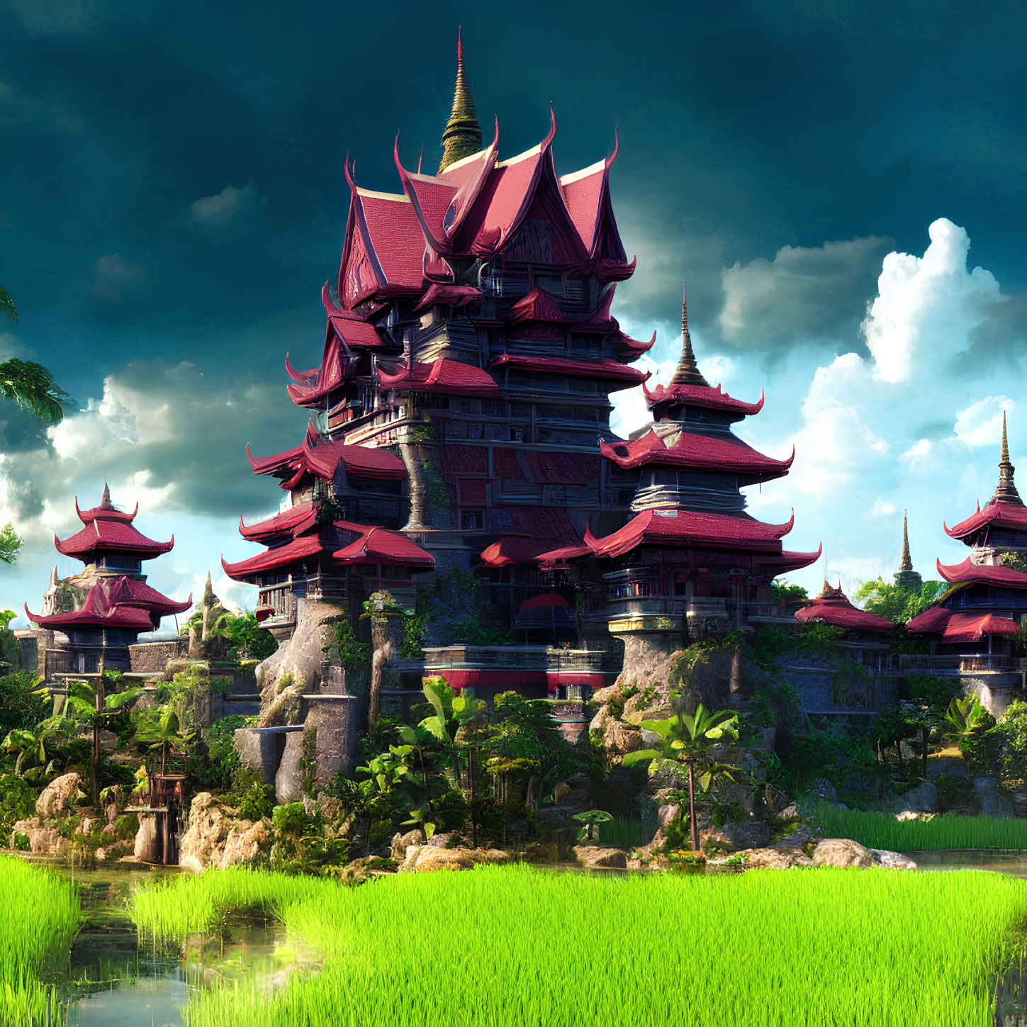 Fantasy-style palace with red roofs in lush greenery and rice paddies