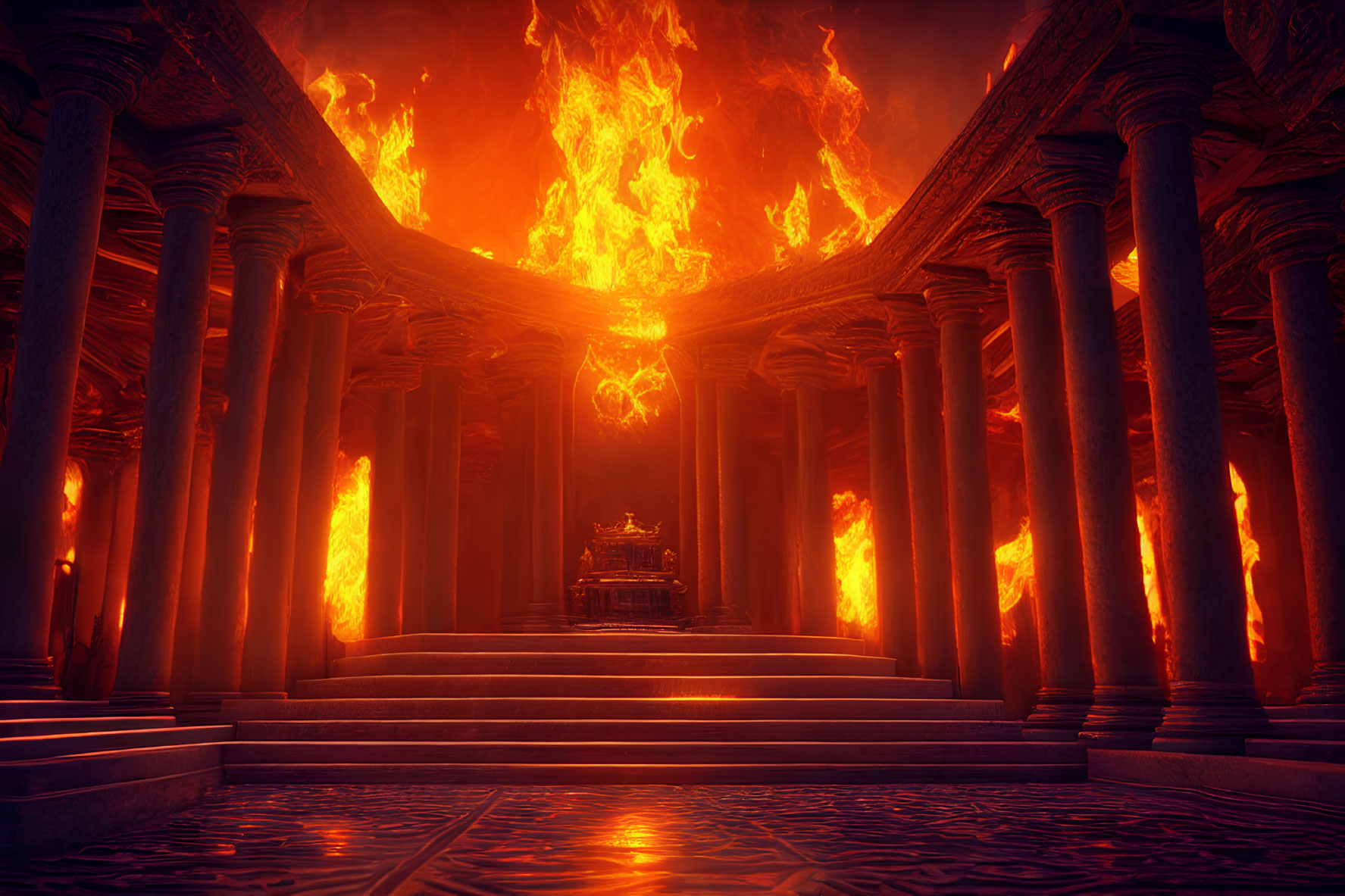 Towering columns, fiery glow, ominous figure on throne in eerie hall