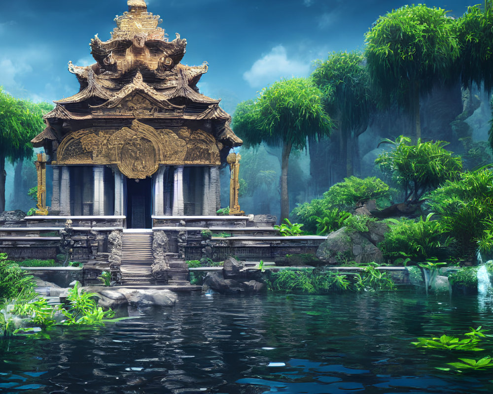Intricate Temple in Lush Greenery and Tranquil Waters