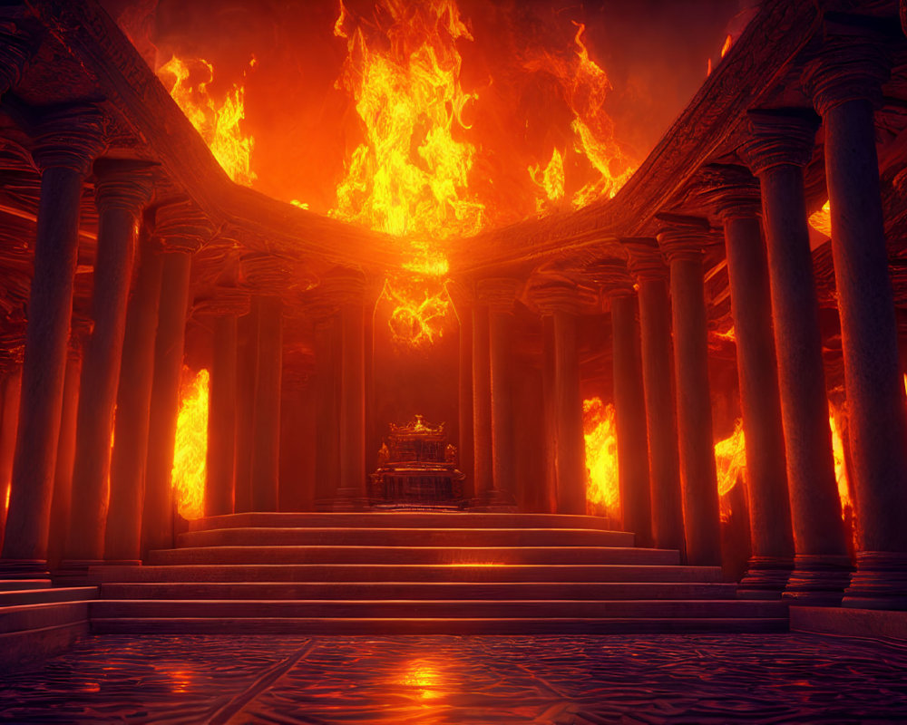 Towering columns, fiery glow, ominous figure on throne in eerie hall