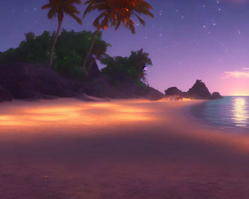 Tranquil beach scene at dusk: purple skies, stars, sunset, palm trees silhouette
