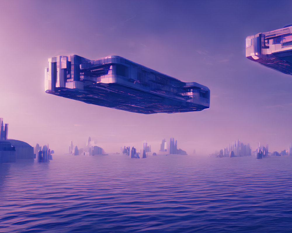 Futuristic ships over tranquil sea with towering structures under purple sky