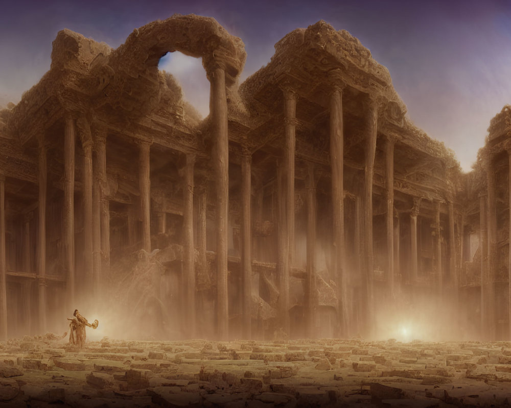Ruins with towering columns under hazy sky symbolize historical grandeur