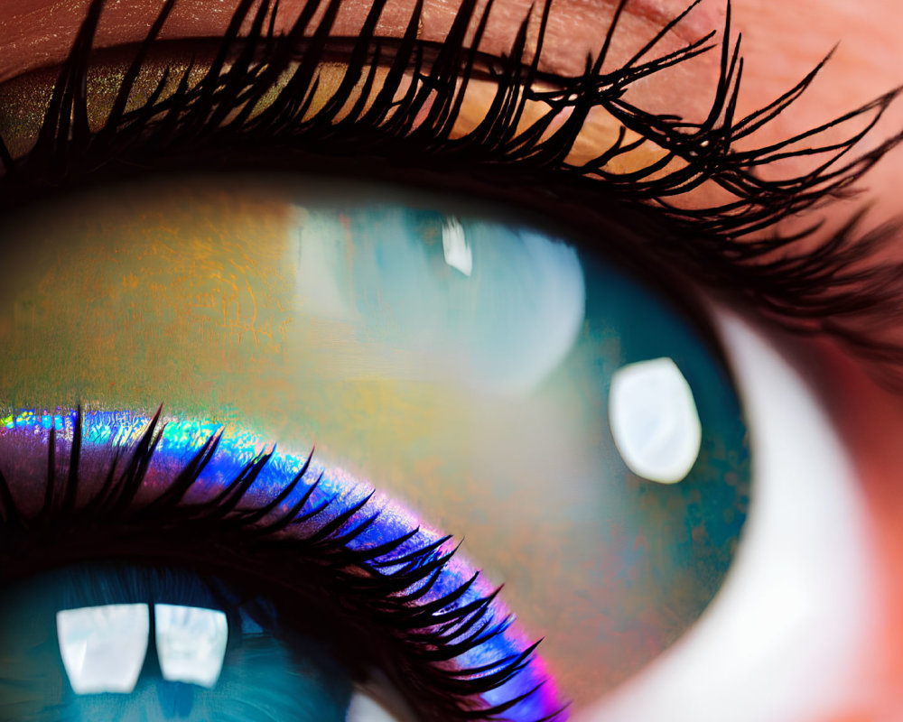 Detailed Close-Up of Human Eye with Teal Irises and Purple Eyeshadow