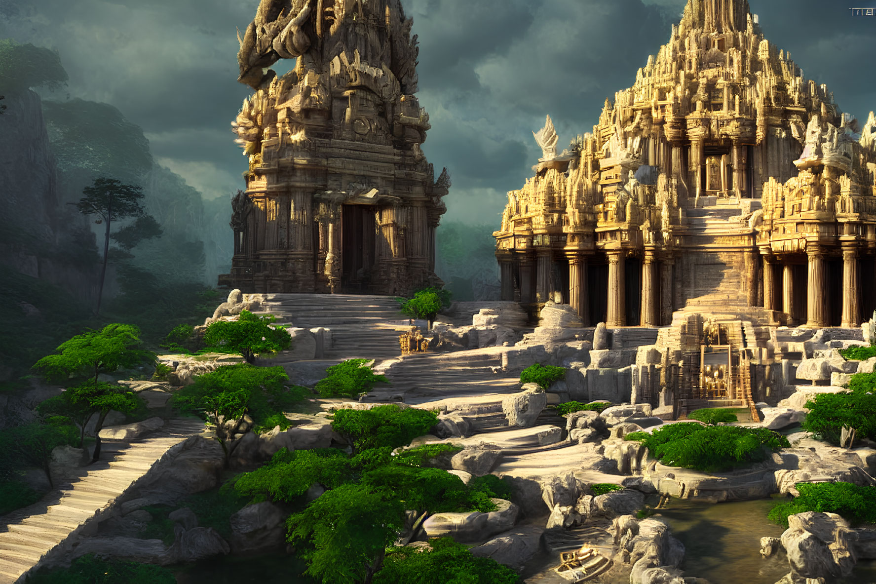 Ancient temple with lush greenery, stone steps, and misty mountains