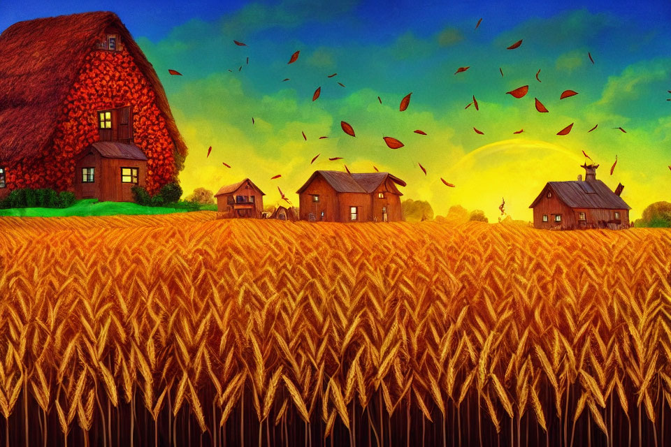Golden wheat field with farmhouses and sunset sky in vibrant landscape