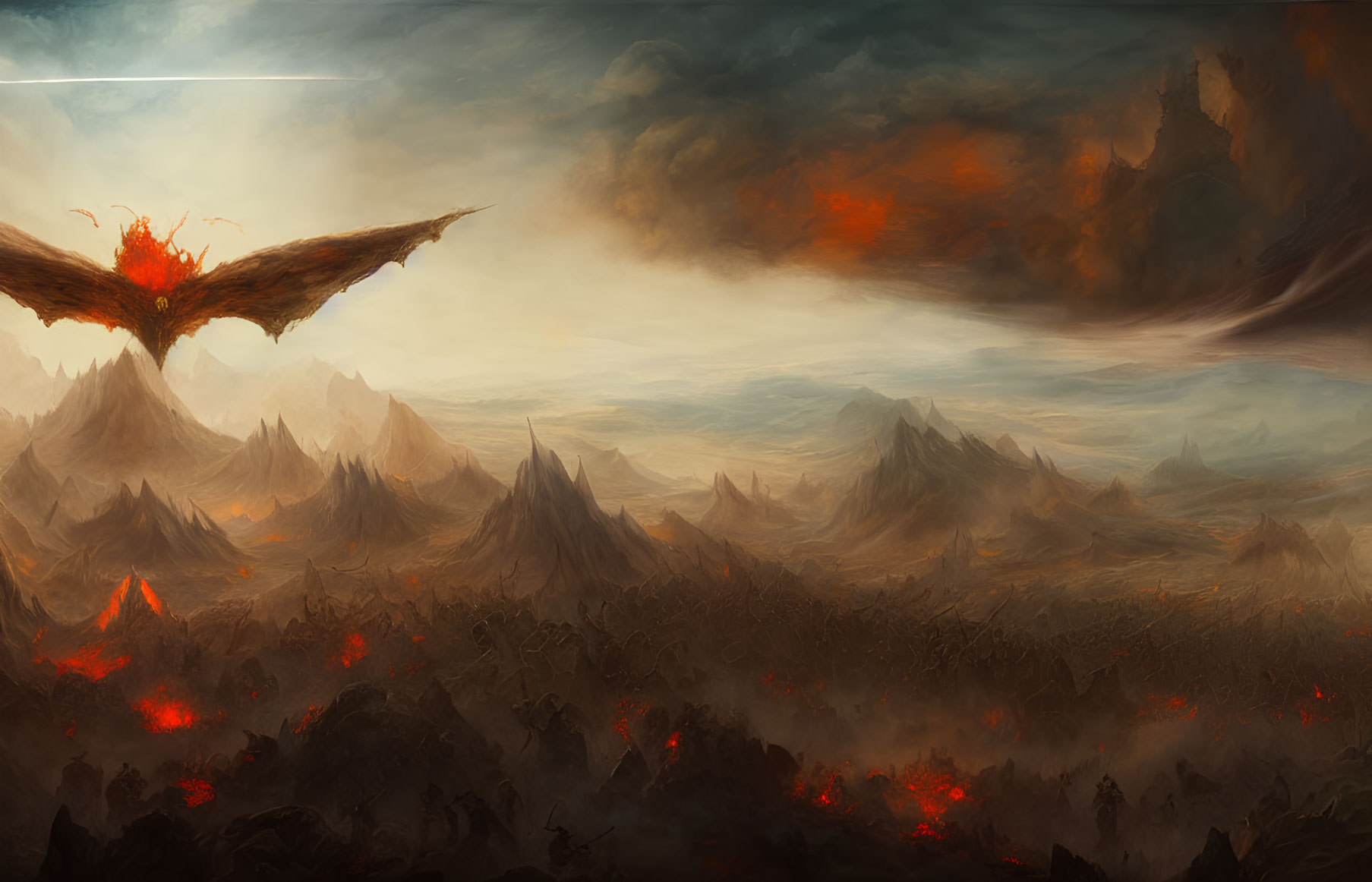 Apocalyptic landscape with fiery peaks and colossal dragon against swirling sky