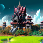 Fantasy-style palace with red roofs in lush greenery and rice paddies