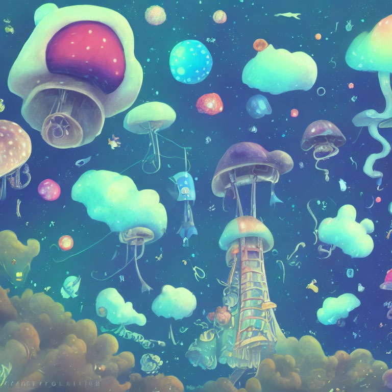 Colorful Jellyfish-Like Structures in Starry Sky Illustration