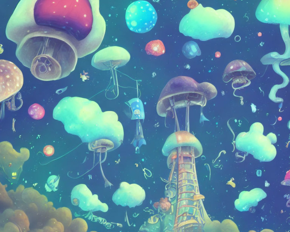 Colorful Jellyfish-Like Structures in Starry Sky Illustration