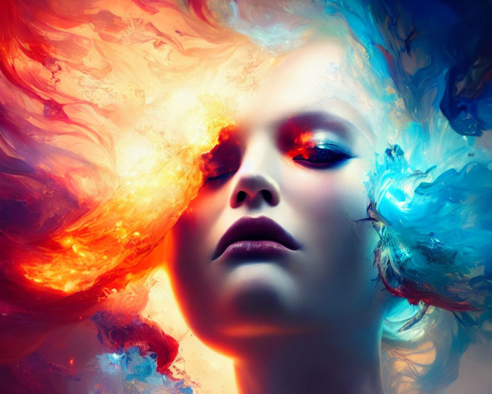Colorful portrait with intense eyes and dynamic swirls in fiery hues.