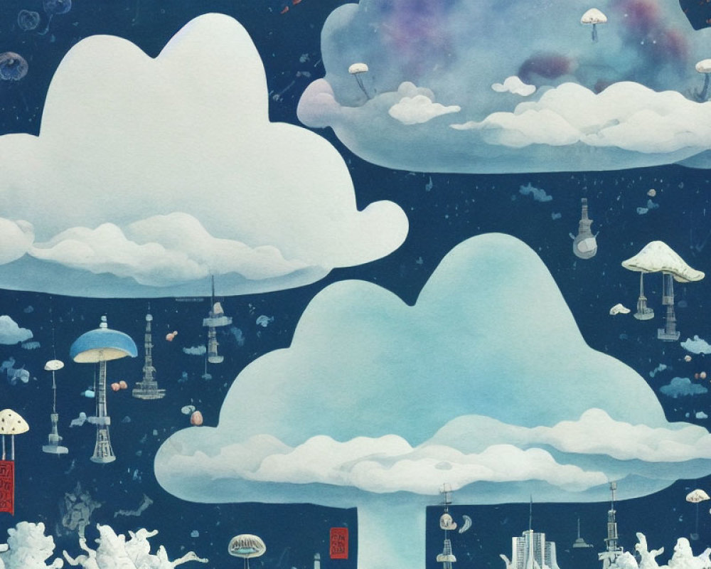 Whimsical mushroom-shaped clouds in dreamy sky with city elements and Chinese lanterns