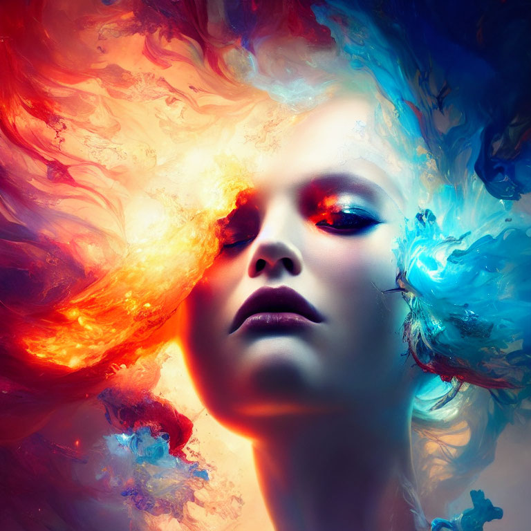 Colorful portrait with intense eyes and dynamic swirls in fiery hues.