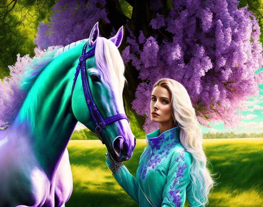 Blonde woman and white horse in vibrant meadow