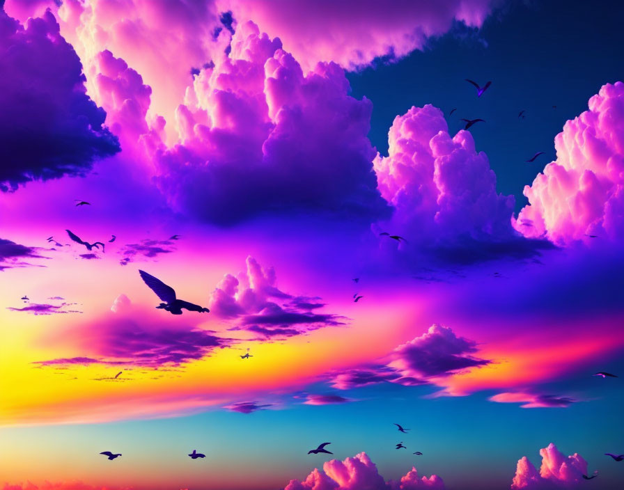 Colorful Sunset Sky with Silhouetted Birds in Flight