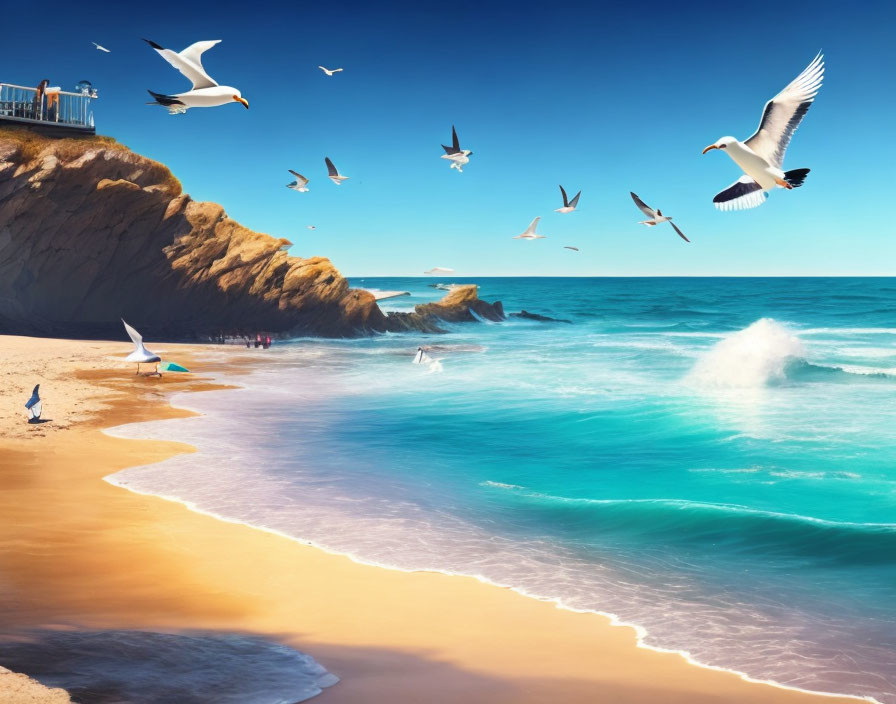 Seagulls flying over sunny beach with crashing waves and rocky cliff