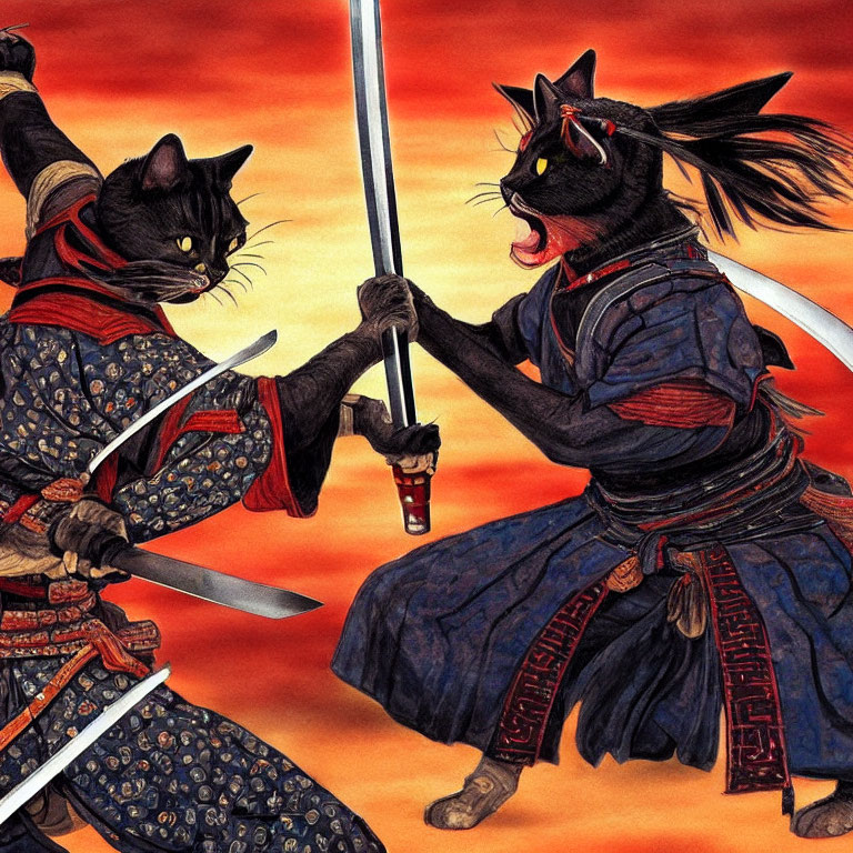 Anthropomorphic Cats Samurai Sword Fight at Sunset