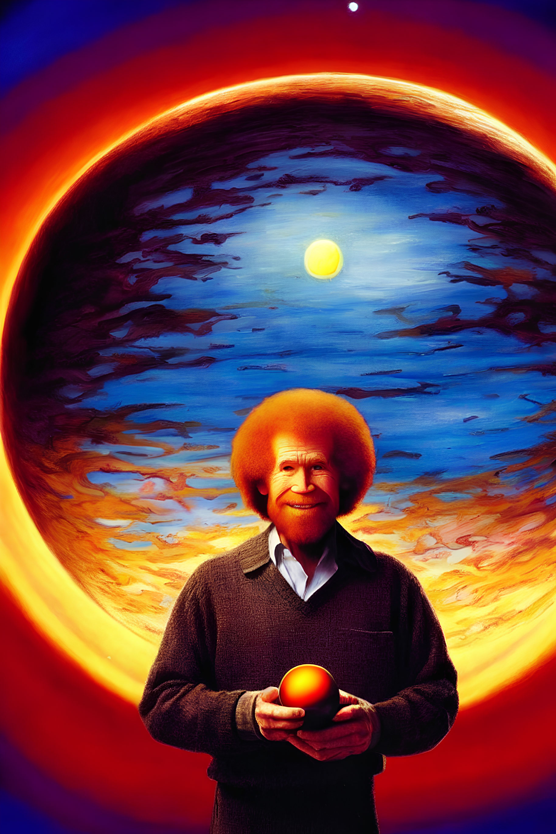 Person with Afro Holding Apple in Front of Vibrant Circular Sunset Painting