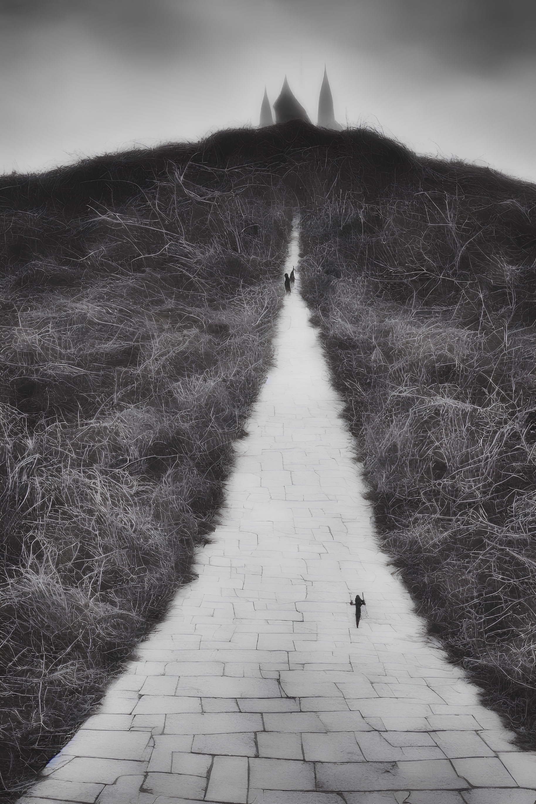 Monochrome image of winding path to misty castle