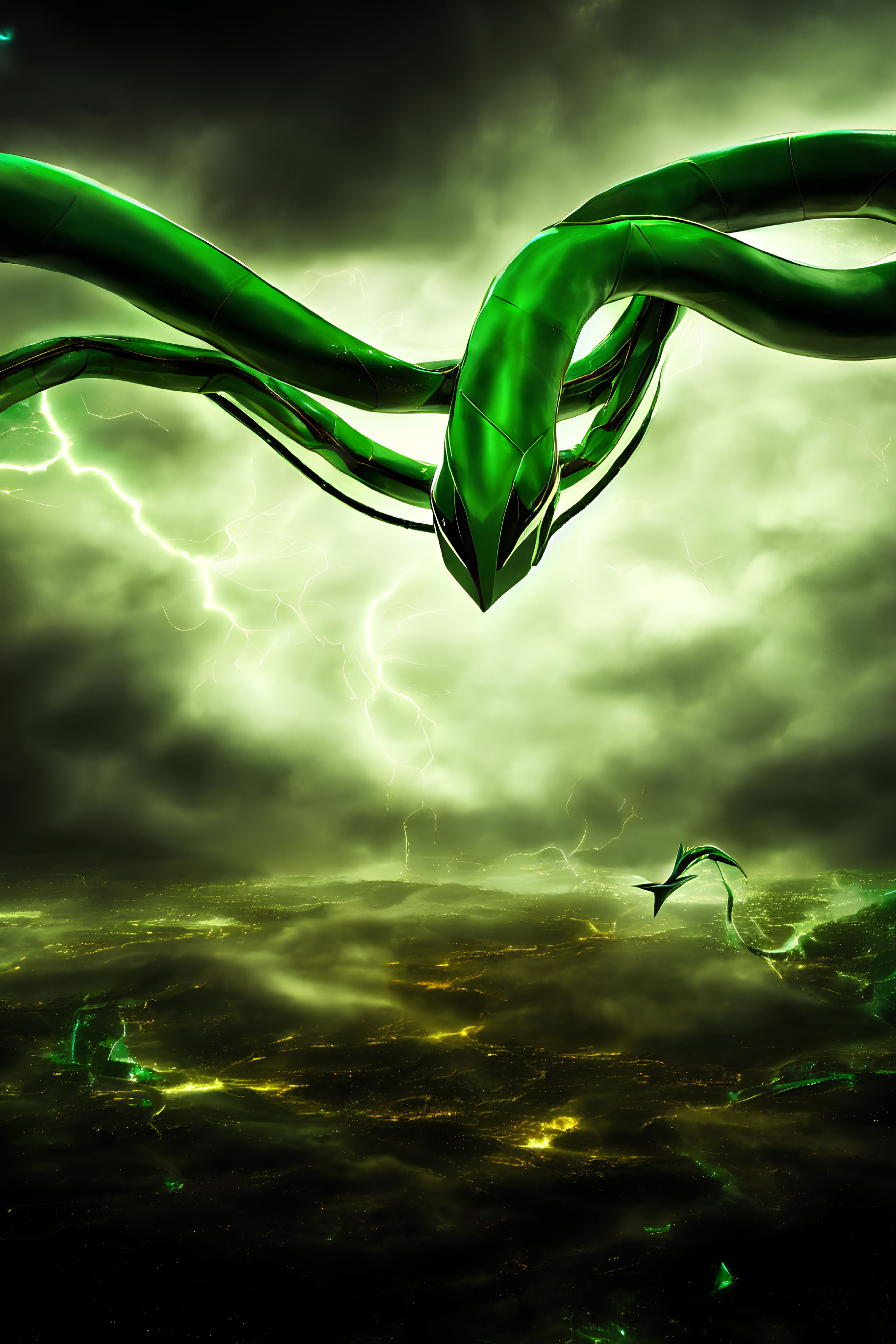 Large green serpentine creatures in stormy sky with lightning bolts