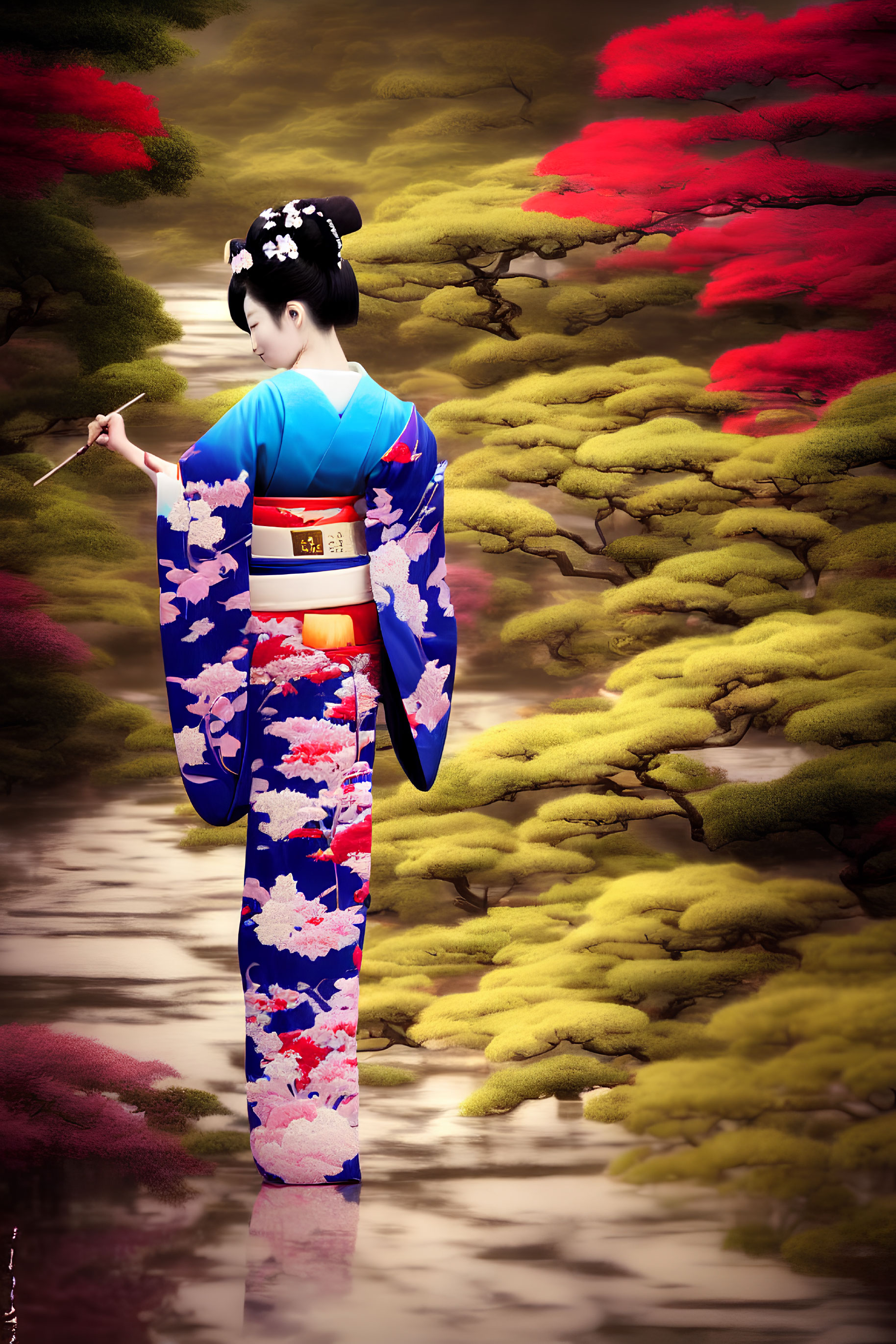Colorful Kimono-Wearing Woman by Tranquil Pond in Vibrant Garden